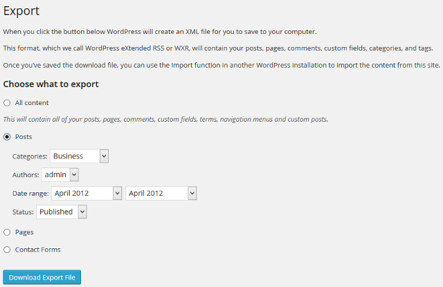 Export posts, pages, content from WordPress blog Export posts, pages, content from WordPress blog