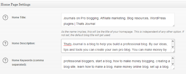 Home Page Settings in All in One SEO Pack WordPress plugin