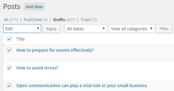 Select Edit from Bulk Actions drop down menu, click on Apply Select Edit from Bulk Actions drop down menu, click on Apply
