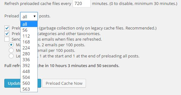 WP Super cache preload drop down menu