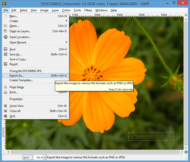 Go to File from top GIMP menu and click on Export As