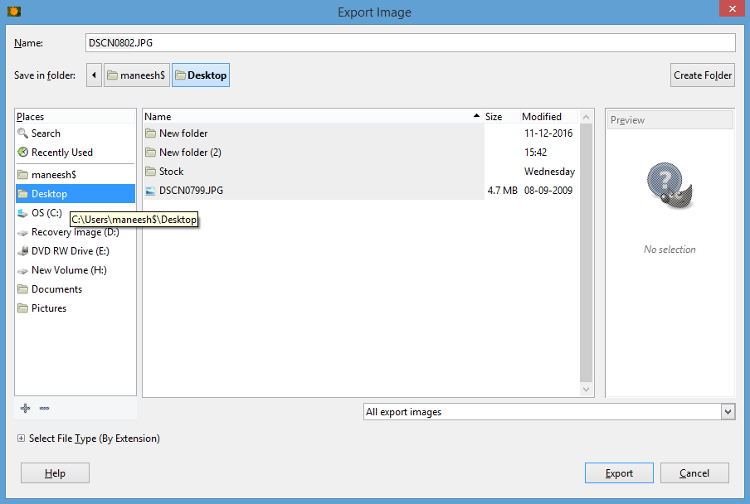 Name your file and select a location under left Places menu