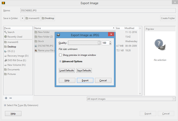 Select Quality as 100 and then click on Export
