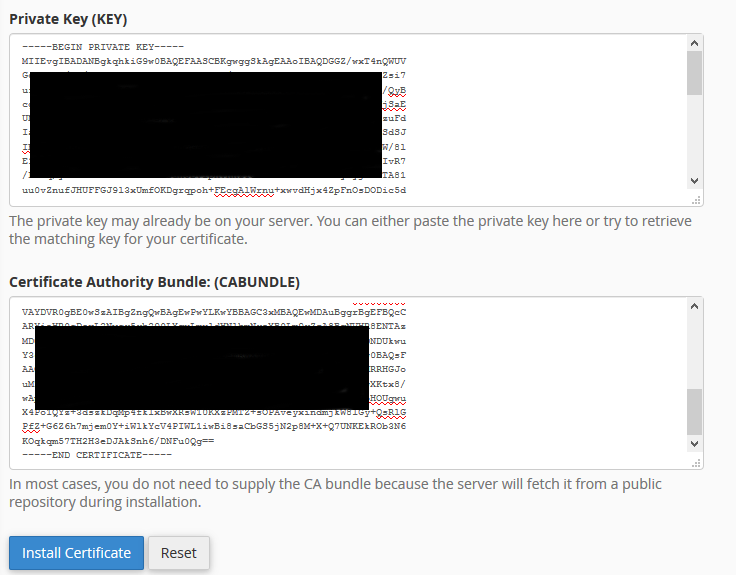 Copy Paste Private Key (KEY) and Certificate Authority Bundle (CABUNDLE)