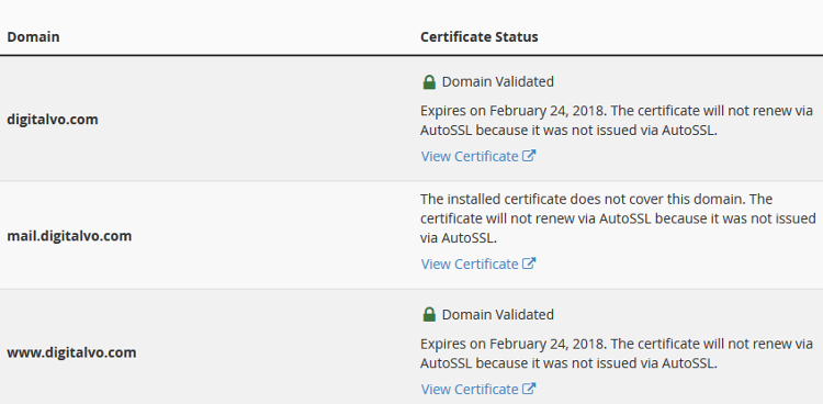 SSL TLS Status of Domain in cPanel