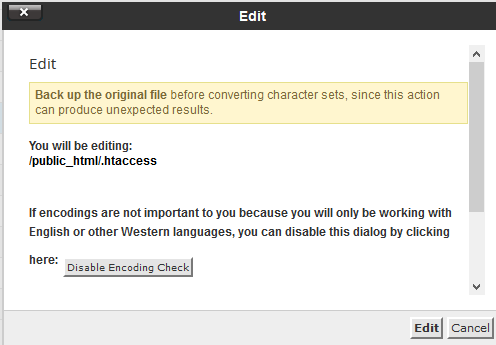 Select .htaccess file and click on Edit in File Manager