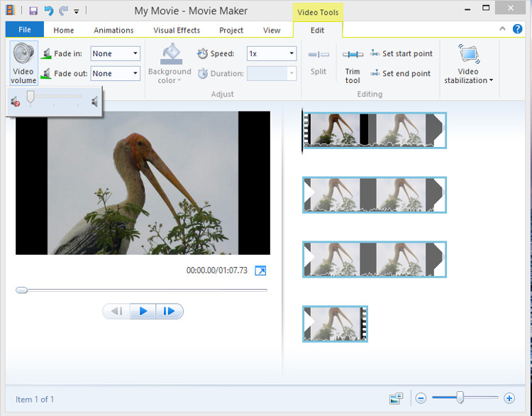 Remove video volume in Movie Maker