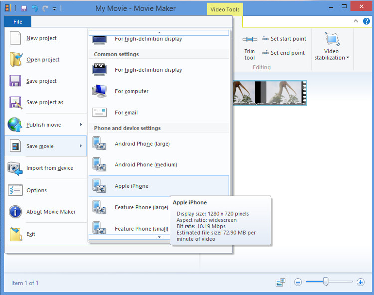 Save video as MP4 video in Movie Maker