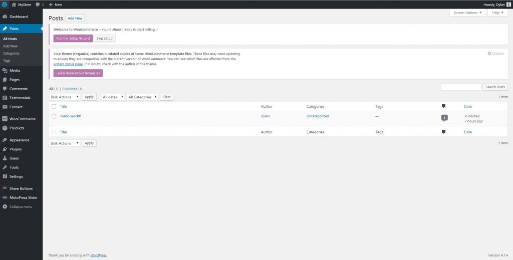 WordPress Dashboard after you have installed WooCommerce Theme WordPress Dashboard after you have installed WooCommerce Theme