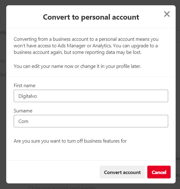 Convert to personal account from business account in Pinterest