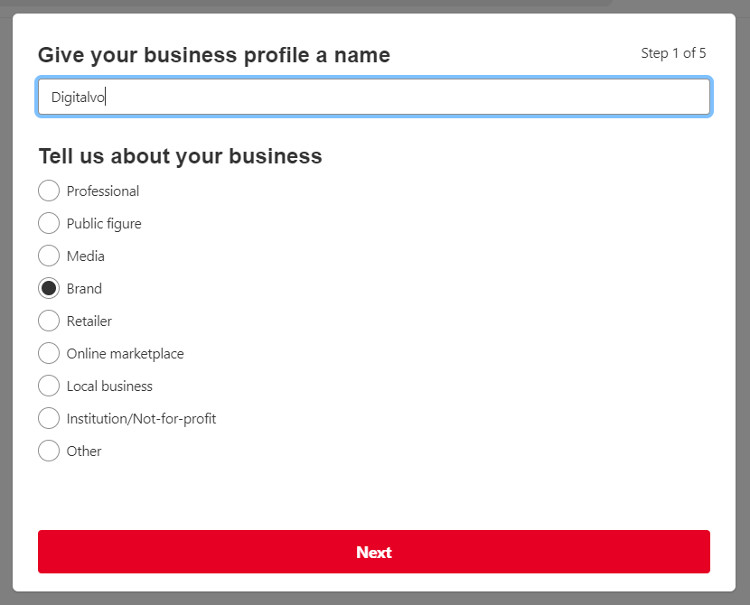 Give your business profile a name in Pinterest