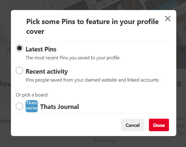 Pick Pins to feature in profile cover in Pinterest