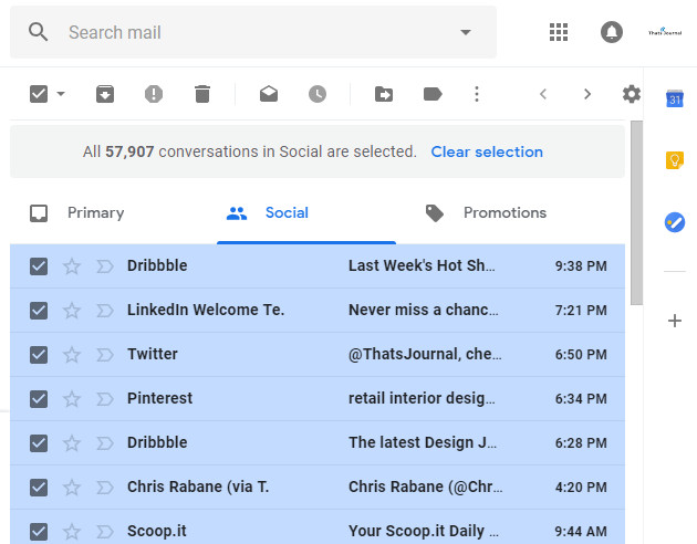 All emails in Social tab are selected in Gmail