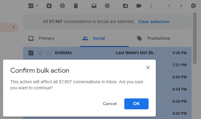 Confirm bulk action in Gmail
