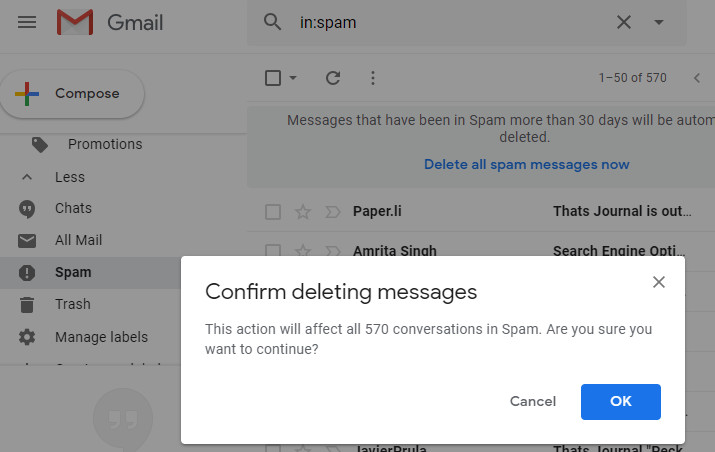 Confirm deleting Spam messages in Gmail