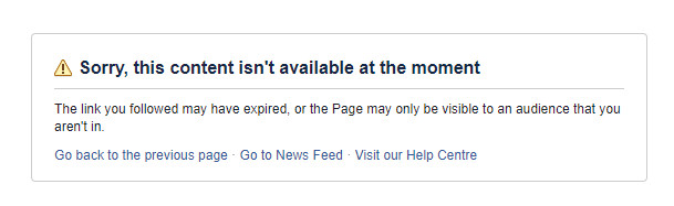 Facebook Error - Sorry, this content isn't available at the moment